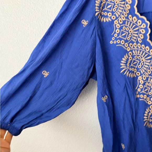 Fig & Flower Blue/Brown Embroidery 3/4 Sleeve Blouse Tunic Top Boho Sz Small - Picture 3 of 10